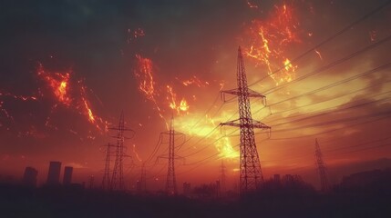 Naklejka premium Fiery sunset over power lines, city skyline.