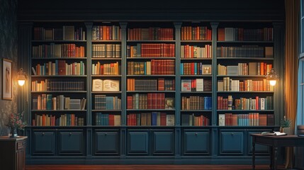 Evening library, bookshelves, study, reading, dark, room, interior, home, wallpaper, design