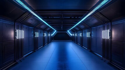 Futuristic Dark Tunnel With Blue Lights