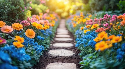 Vibrant flower garden path with colorful blooms leading to a sunlit background