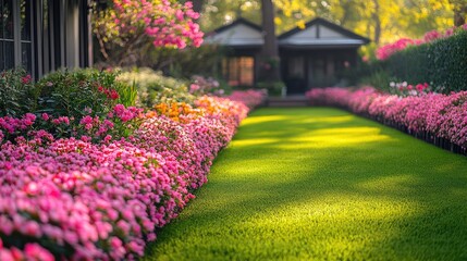 Vibrant flower garden with lush green lawn and cozy house in the background during golden hour