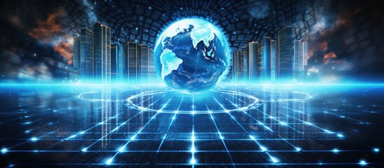 Fototapeta premium Digital futuristic globe communication network with neon light effect. AI generated image