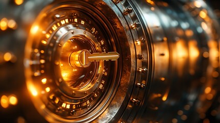 Close-up of a glowing vault door golden key inserted shimmering discount symbols