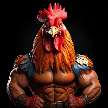 A character of a rooster with a mighty and muscular posture. Black background.