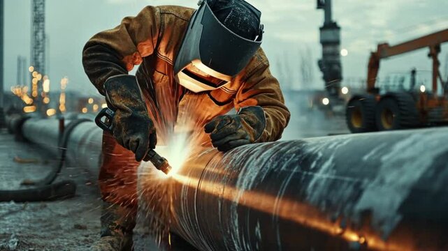 Welding Expertise: A skilled welder, clad in protective gear, expertly welds a large metal pipe, sparks flying, showcasing precision and craftsmanship in an industrial setting.