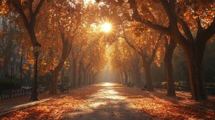 Serene autumn pathway lined with vibrant orange leaves, sunlight filtering through trees
