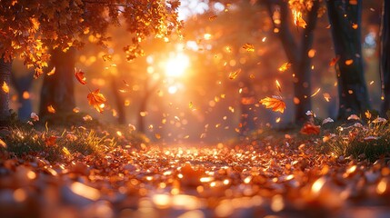 Serene autumn landscape with falling leaves, golden sunlight filtering through trees, peaceful atmosphere