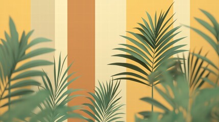 Tropical Palm Leaves with Warm Striped Background - Perfect for Decorative and Nature-Inspired Projects in Modern Design and Home Decor