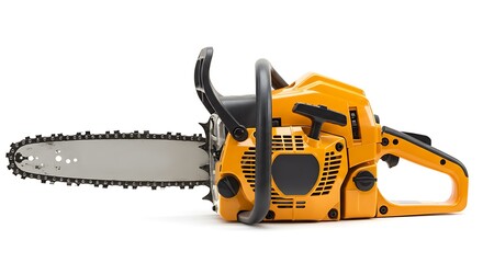 Fototapeta premium Yellow Chainsaw Tool Isolated on White Background for Wood Cutting