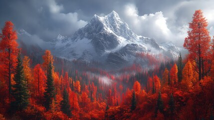 Majestic snow-capped mountain surrounded by vibrant autumn foliage in a serene valley