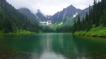 Serene Mountain Lake Surrounded by Lush Green Forest and Peaks