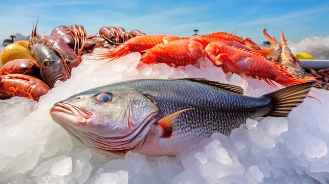Fresh Seafood raw storage with ice at the fish and shrimp market. AI generated image
