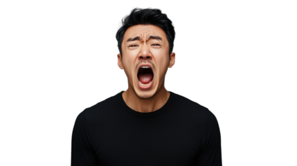 Angry asian man shouting with transparent background
