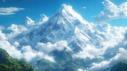 Majestic snow-capped mountain surrounded by fluffy clouds and lush green valleys under blue sky
