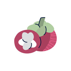 Colorful Flat Vector Illustration of a Whole and Half Mangosteen Fruit with Green Leaves in a Minimalist Style for Tropical Food and Nutrition Concepts
