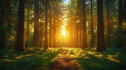 Obraz premium Sunlight filtering through tall trees in a serene forest, creating a magical atmosphere