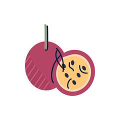 Flat Vector Illustration of a Whole and Sliced Passion Fruit in a Colorful and Minimalist Style Representing a Fresh and Exotic Tropical Fruit