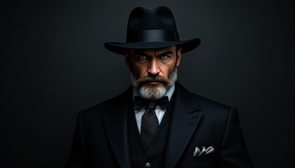 A man with a bushy mustache wears a black suit complete with a tie and his coboy hat on a black background