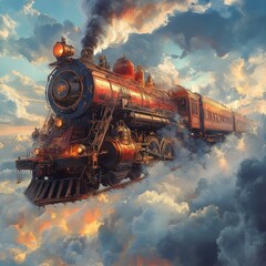 Obraz premium Retro steam train floats on cloudscape, sunset; fantasy travel poster