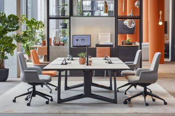 Modern office meeting, workspace, collaboration, teamwork, design, chairs, table, city view