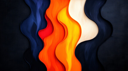 Dynamic waves of color create energetic play of forms, showcasing vibrant hues of red, orange, yellow, and blue against dark background