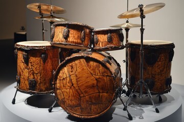 Fototapeta na wymiar Unique wooden drum kit displayed in gallery; museum exhibit background