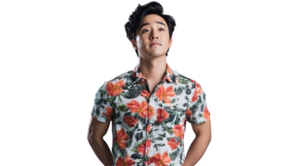 Young asian man wearing hawaiian shirt looking up on transparent background