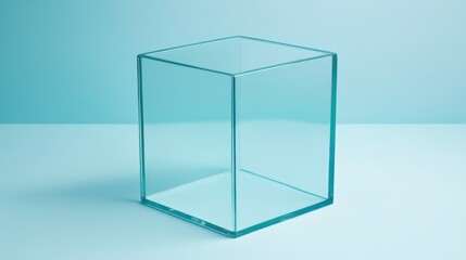 Empty glass cube on blue background; product display (4)