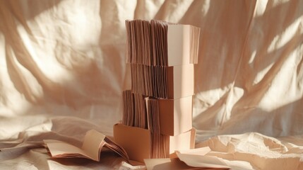 Naklejka premium Stacked books sunlight beige fabric background