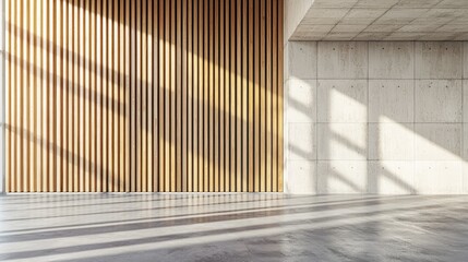Modern minimalist interior featuring wooden slat wall and concrete structure with shadows