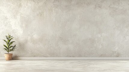 Minimalist interior featuring a potted plant against a textured concrete wall, ideal for decor