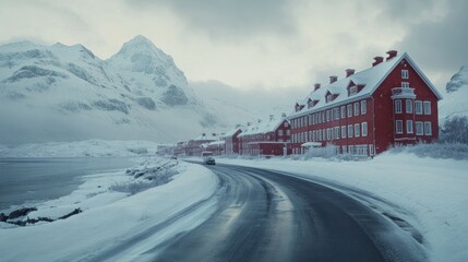 Fototapeta premium Snowy road curves past red hotel, mountains backdrop, winter travel