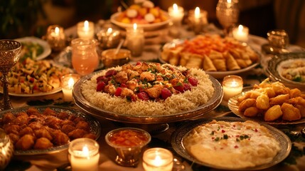 Fototapeta premium A festive Iftar table with a mixture of savory and sweet dishes like chicken biryani, samosas, fruit salad, and kunafa, surrounded by candles and Ramadan-themed decor