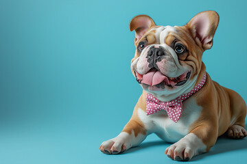 Happy and adorable fawn-colored bulldog lying down on a vibrant blue background, sticking out its tongue with a playful and friendly expression, showcasing its wrinkled face