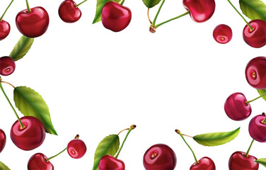 3d realistic vector icon illustration. Fresh red cherries with stem and leaf or without. Pattern frame.