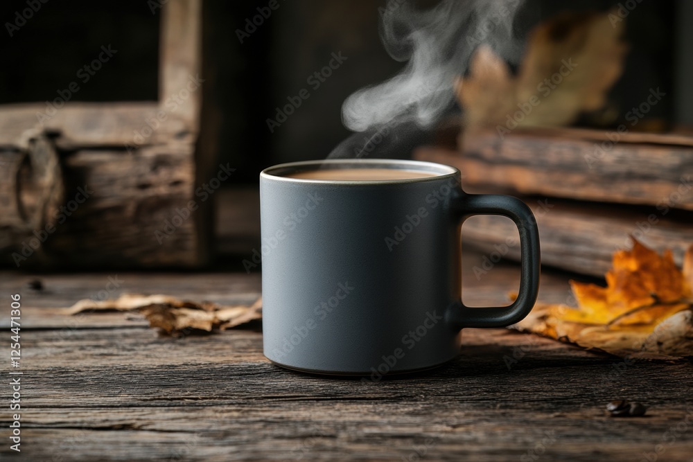 Poster warm coffee cup rests on rustic wooden table with steam rising in cozy atmosphere perfect for relaxa