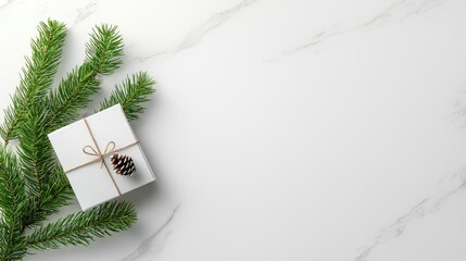Christmas gift, pine branch, marble background. Holiday card design