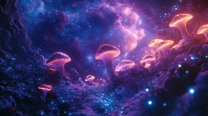Fototapeta premium Glowing Alien Mushrooms in Nebula, Fantasy Landscape