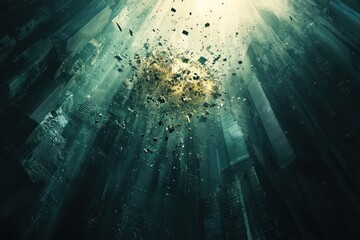 Obraz premium City submerging, debris falling, apocalyptic underwater scene, dystopian art