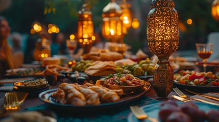 A traditional Ramadan spread with dishes like chicken shawarma, baba ganoush, dolma, and baklava, elegantly arranged with golden cutlery and Ramadan lanterns, soft lighting highlighting the food