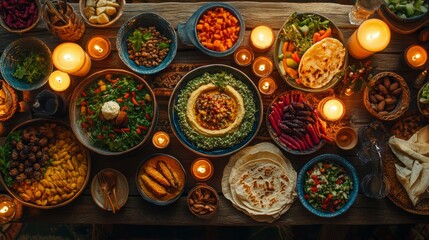 A vibrant Ramadan table with a selection of freshly prepared foods, including tabbouleh, hummus, flatbreads, grilled vegetables, and dates, surrounded by colorful dishes and candles