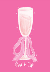 Coquette Champagne Glass with Pink Ribbon Bow Watercolor