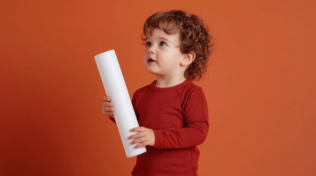 Toddler Boy Holding White Cylinder Against Orange Background