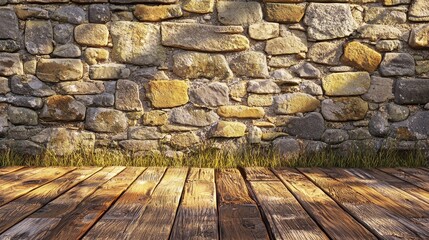 Rustic stone wall with wooden floor and grass, ideal for backgrounds in nature-themed projects