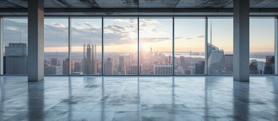 Fototapeta premium Office room with empty floor with modern cityscape landscape view. AI generated image