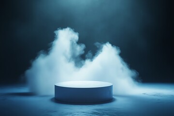 Photorealistic AI-generated image of a sleek, minimalistic product podium covered in liquid nitrogen, with dramatic back lighting on a dark background. Perfect for tech and marketing visuals