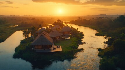 Fototapeta premium Riverfront bungalows sunset jungle aerial tourism