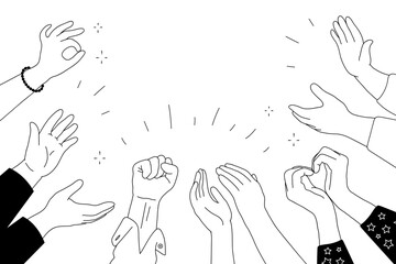Applause hands set in doodle style. Human hands sketch, with arms raised in gestures like clapping and making heart shapes, on a white background. Vector illustration for celebratory themes