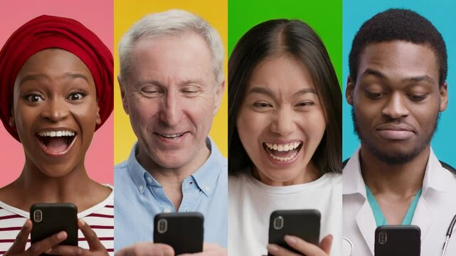 A diverse group of four individuals showcases joy and surprise as they engage with their smartphones against bright, colorful backgrounds, highlighting a moment of shared enthusiasm.