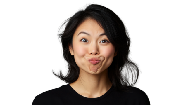 Young woman making funny face on transparent background